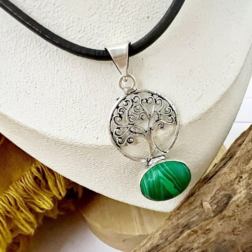 925 Sterling Silver Malachite Necklace Tree of Life gemstone Womens jewelry